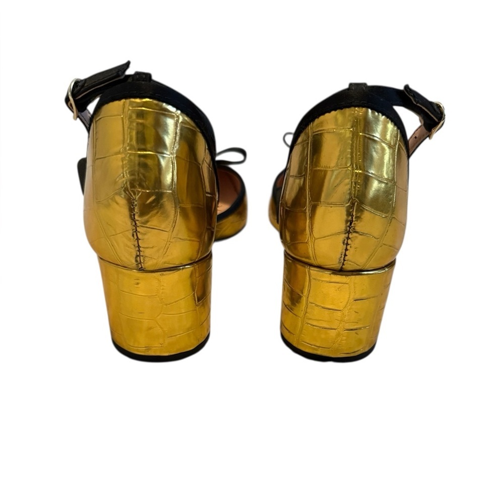Millie Bow Ankle-Strap Heels in Metallic Croc-Embossed Leather in Gold Size 8.5 - Picture 8 of 13